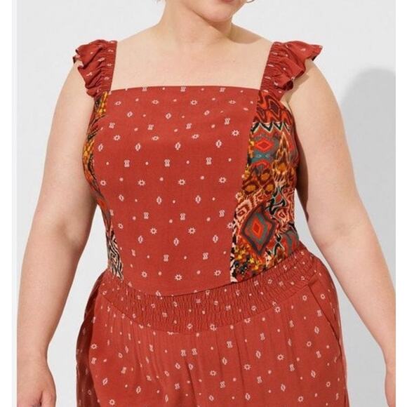 Torrid Top Women's 4X Challis Smocked Ruffles Trim Crop Bohemian Square Neck - Picture 4 of 10